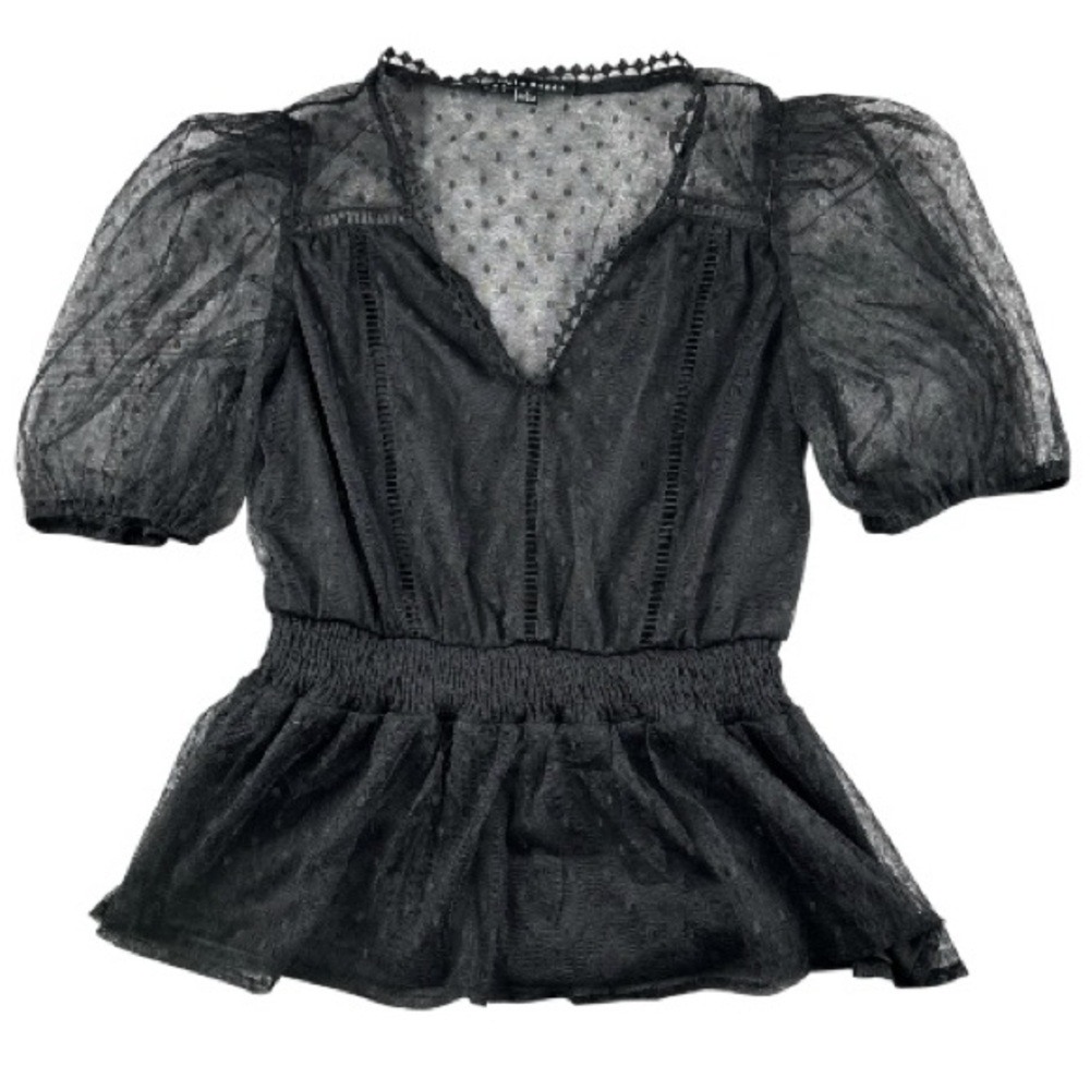 Haute Monde Black Tulle Puff Sleeve Blouse Polka dot Pattern Top Whimsigoth Sz S